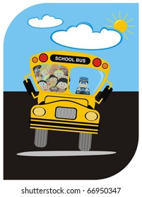 Vector School Bus with Driver Kindergarten Happy Students Boys Girls going on a Journey in Summer Sunny Weather with few Clouds Funny Cartoon Character Active Kids