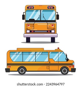 Vector School Bus Driving on Road, Front View ,Side View. Back to School Concept.Yellow School Bus Illustration. Vector Illustration