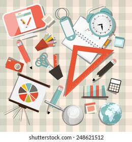 Vector School or Business - Office Objects Set on Tablecloth