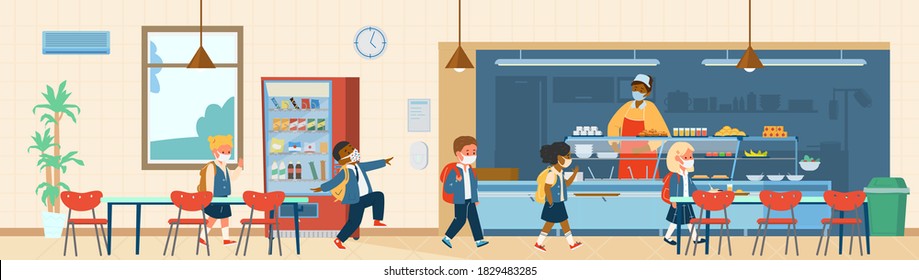 Vector School Canteen With Different Races Pupils In Protective Masks Standing In Line To Take Food. School Life During Covid-19 Pandemic. Flat Illustration.