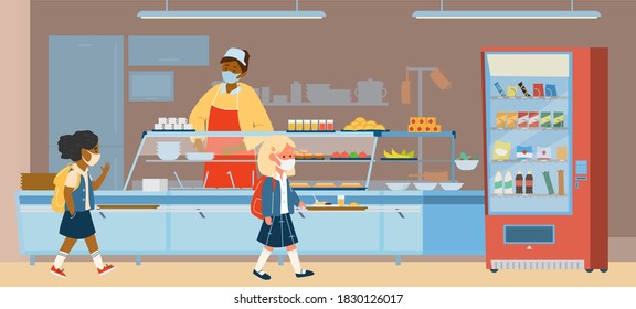 Vector School Canteen With Different Races Pupils In Protective Masks Standing In Line To Take Food. School Life During Covid-19 Pandemic. Flat Illustration.