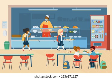 Vector School Canteen With Different Races Pupils In Protective Masks Standing In Line To Take Food  And Sitting At Table Eating. School Life During Covid-19 Pandemic. Flat Illustration.