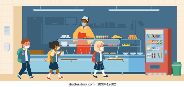 Escuela Vectorial Canteen Con Diferentes Razas De Alumnos En Máscaras Protectoras De Pie Para Tomar. Vida escolar durante la pandemia Covid-19. Ilustración plana.