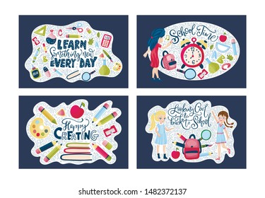 Vector school card set. Back to school poster collection with education supplies, girl student and lettering quotes in cartoon flat and doodle style. Stationery illustration.