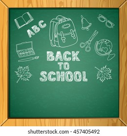 Vector school chalkboard background with hand drawn childish style illustrations. Back to school sketch lettering. Design for poster or banner. Education concept.