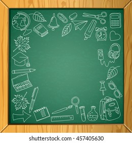 Vector school chalkboard background with place for text. Hand drawn school supplies icons and design elements. Design for poster or banner. Education concept.