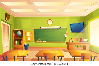 Vector school classroom interior. University, educational concept, blackboard, table, chair college furniture. Training room illustration for advertising, web, internet promotion