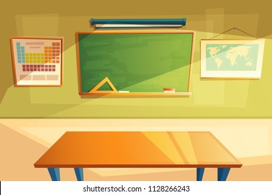 Vector school classroom interior. University, educational concept, blackboard and table. College furniture for students, pupils. Training place illustration