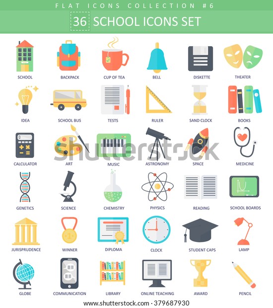 Vector school color
flat icon set. Elegant style design school university or college
icons for web and apps.