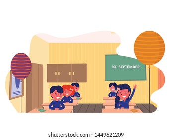 Vector school composition, background. Primery school. Children in classroom at lesson, little pupils on September 1st. Education concept 2019 welcome back to school for banner, poster. School image.