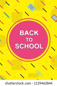 vector school cover design template memphis colorful style with education supplies such us pen, book, phone, glass, ruler, pencil, brush, eraserfor poster, party, super sale offer. 10 eps