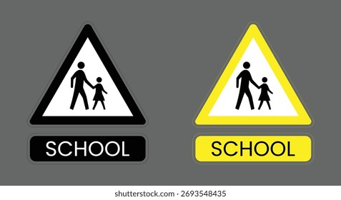 Conjunto de letreros de cruce de la escuela de Vector con siluetas para adultos y niños; variantes amarillas de alta visibilidad y negras para diseños de seguridad vial.