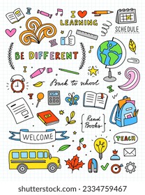 Doodles de la escuela de vectores. Ilustraciones escolares. De vuelta a la escuela