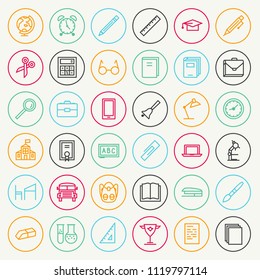 Vector school and education icon set line color style isolated on white background. School supplies. Design elements, business signs, logos, identity, labels and other branding objects. 10 eps