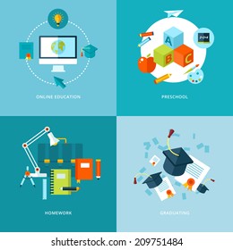 Vector school and education icons set for web design and mobile apps. Illustration for online education, preschool, homework and graduating.