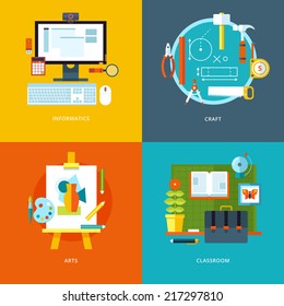 Vector school and education icons set for web design and mobile apps. Illustration for informatics, craft, arts and classroom stuff.