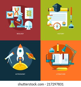 Vector school and education icons set for web design and mobile apps. Illustration for biology, history, astronomy and literature.