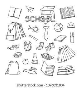 Vector school elements clothes stationery. Various symbols education for design. Black white set sketch contour illustration. Drawn art stylized letters with face.