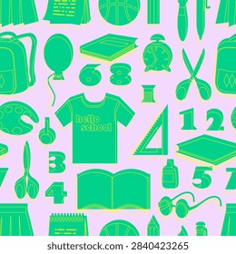 Vector school equipment with contur or silhouette seamless pattern.