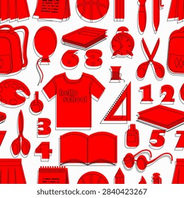 Vector school equipment with contur or silhouette seamless pattern.