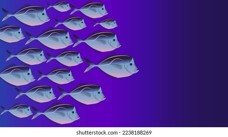 Vector school of fish in the ocean. Fish underwater. Marine wallpaper. Vomer fish in the habitat.