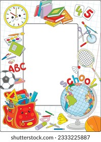 Vector school frame border with a funny cartoon satchel, globe, clock, textbooks, balls and other objects for schoolchildren