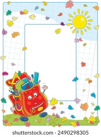 Vector school frame border with funny cartoony schoolbag, yellow sun and falling colorful autumn leaves