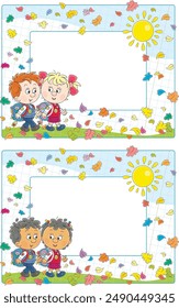 Vector school frame border with happy little schoolchildren, yellow sun and falling colorful autumn leaves