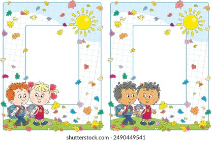 Vector school frame border with happy little schoolchildren, yellow sun and falling colorful autumn leaves