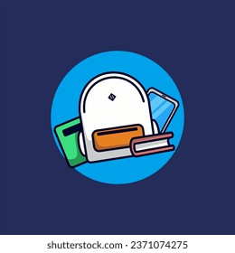 vector de los productos escolares en forma de libros, bolsas y artículos electrónicos