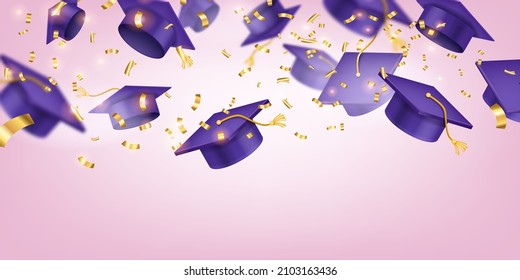 Vector school graduation cap background, university greeting ceremony banner, academy student party. Success education celebration day, college happy finish, golden glitter confetti. Graduation hat