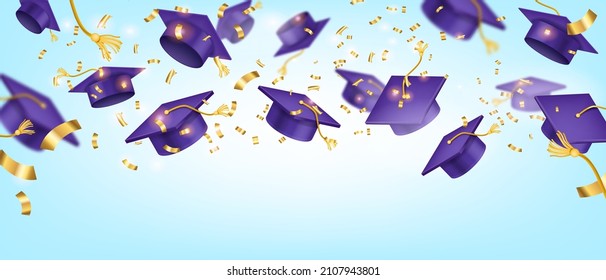 Vector school graduation cap background, academy student party banner, university greeting ceremony. Success education celebration day, golden glitter confetti, college happy finish. Graduation hat