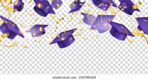 Vector school graduation cap transparent background, university greeting ceremony banner, academy student party. Success education celebration day, college happy finish golden confetti. Graduation hat