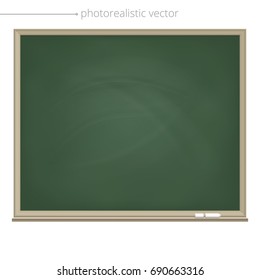 Vector school green board with a transparent smeared chalky traces and two pieces of a white chalk. Educational class board with a wooden frame. Blank realistic object isolated on a white background.
