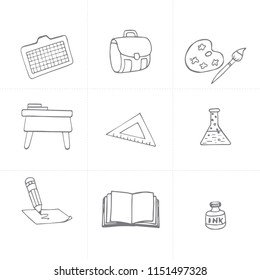 Vector school hand drawn  elements. Various symbols education for design. Black white set sketch contour illustration. Drawn art stylized.