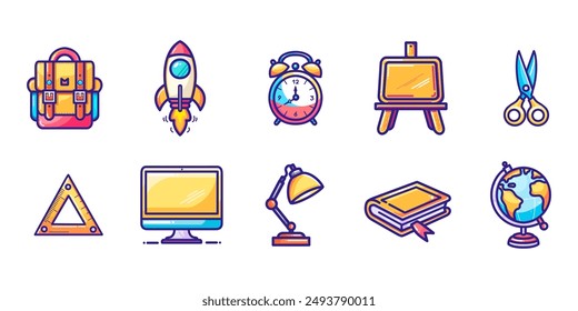 Vector school icons collection. Flat style icons of a school bag, rocket, alarm clock, board, scissors, ruler, computer , lamp, book and globe. 