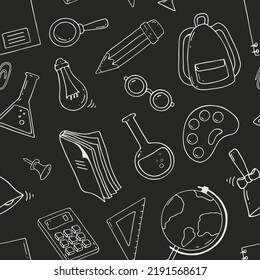 Vector school icons seamless pattern. Back to school, education, study. Doodle black and white illustrations