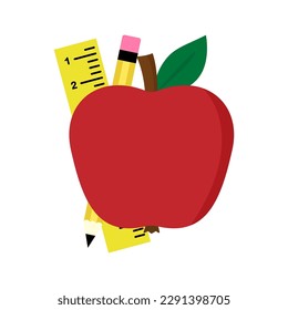 Vector school illustration with apple, pencil or crayon, line isolated on white background. Education flat icon, template, graphic elements for school, graduation, teachers day poster. 