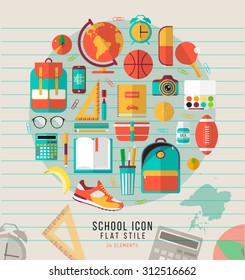 Vector school illustration on line notebook paper. Education icons set in flat style. College items. Back to school creative card with teenager objects. illustration for sketchbook, diary, notebook