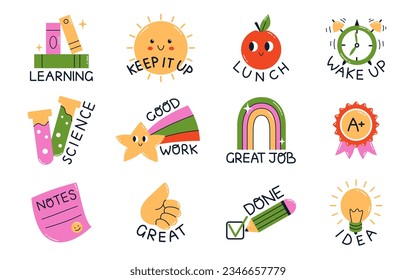 Vector school illustration set. Collection of trendy elements with inspirational phrases for school day planner. Back to school objects in flat design. Motivation stickers for student study routine.