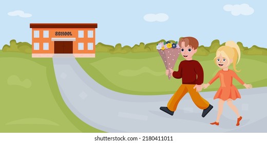 Vector school. Knowledge Day. Back to school.   Vector illustration.  Pupils. A boy and a girl with flowers going to school.