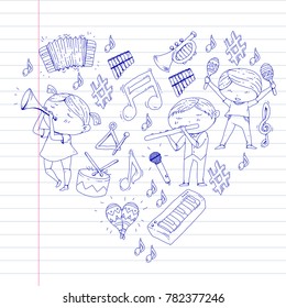 Vector school of music Musical theatre Kindergarten children with music instruments Drum, flute, accordion, trumpet, piano Music perfomance and school age kids Children orchestra