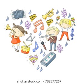 Vector school of music Musical theatre Kindergarten children with music instruments Drum, flute, accordion, trumpet, piano Music perfomance and school age kids Children orchestra