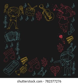 Vector school of music Musical theatre Kindergarten children with music instruments Drum, flute, accordion, trumpet, piano Music perfomance and school age kids Children orchestra
