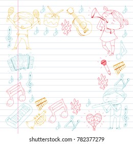 Vector school of music Musical theatre Kindergarten children with music instruments Drum, flute, accordion, trumpet, piano Music perfomance and school age kids Children orchestra