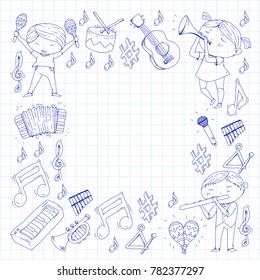 Vector school of music Musical theatre Kindergarten children with music instruments Drum, flute, accordion, trumpet, piano Music perfomance and school age kids Children orchestra
