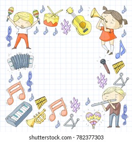 Vector school of music Musical theatre Kindergarten children with music instruments Drum, flute, accordion, trumpet, piano Music perfomance and school age kids Children orchestra