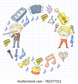 Vector school of music Musical theatre Kindergarten children with music instruments Drum, flute, accordion, trumpet, piano Music perfomance and school age kids Children orchestra