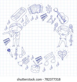 Vector school of music Musical theatre Kindergarten children with music instruments Drum, flute, accordion, trumpet, piano Music perfomance and school age kids Children orchestra