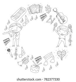 Vector school of music Musical theatre Kindergarten children with music instruments Drum, flute, accordion, trumpet, piano Music perfomance and school age kids Children orchestra